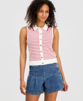 Women's Striped Sleeveless Pointelle Polo Sweater 