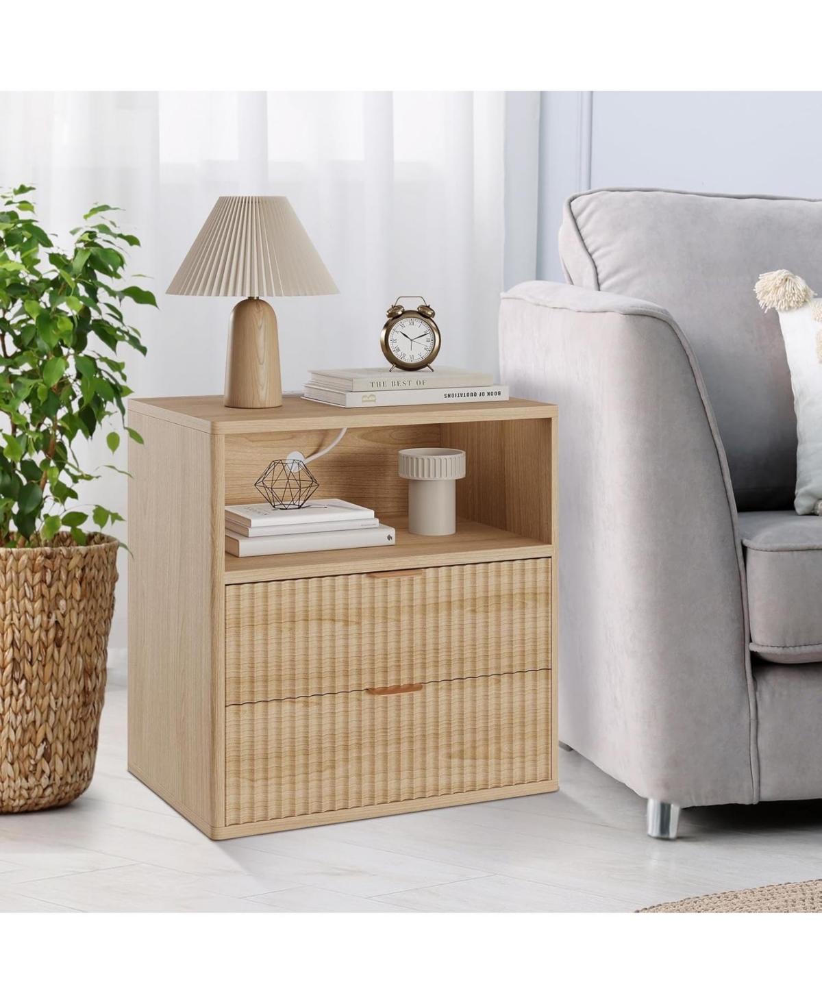 Gaomon Fluted Farmhouse Night Stand with Charging Station, 23" Mid-Century Modern Nightstand, 2 Drawers End Table