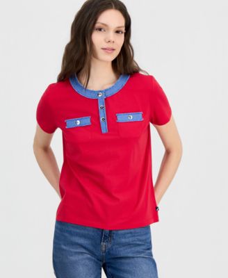 Women's Denim-Trim Henley Short-Sleeve Top