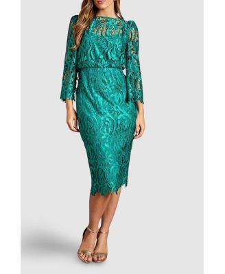 Women's Satin Lace Boat Neck Midi Dress