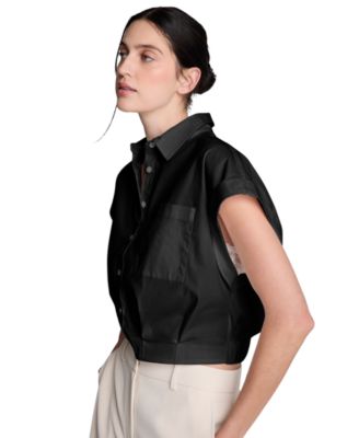 Women's Button Front Collared Cropped Shirt