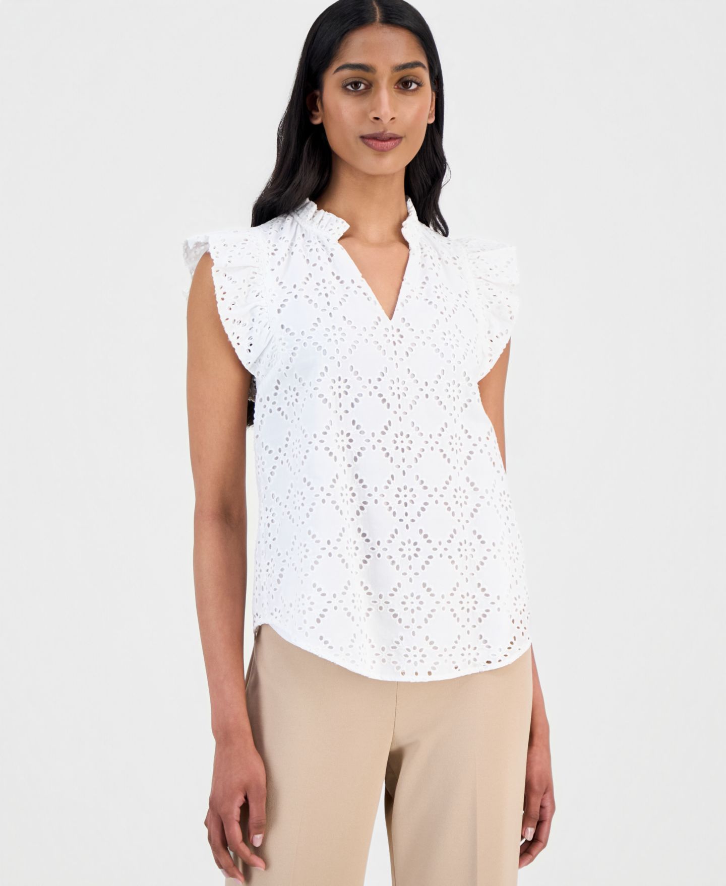 Женский топ Anne Klein Cotton Eyelet Flutter-Sleeve Top, цвет: Яркий белый — фото 1