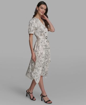 Women's Printed Puff-Sleeve Tie-Waist Belt Midi Dress