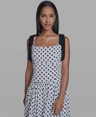 Women's Sleeveless Polka Dot Bow Strap Midi Dress