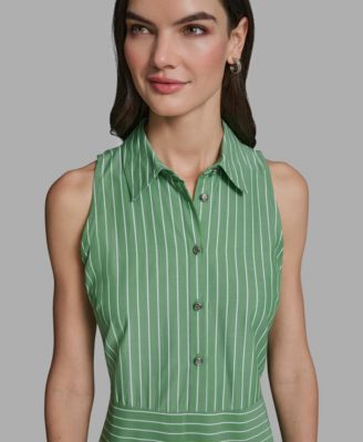 Women's Stripe Shirting Button-Down Sleeveless Midi Shirtdress