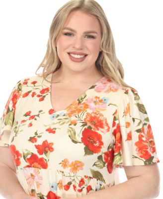 Plus Size V-Neck Tropical Flower Short-Sleeve Dress
