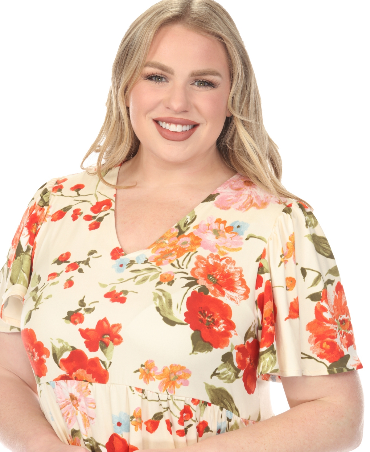 White Mark Plus V-Neck Tropical Flower Short Sleeve Dress