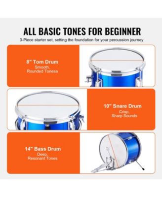 Kids Drum Set 3-Piece 14" Beginner Kit with Throne Pedal Sticks Blue