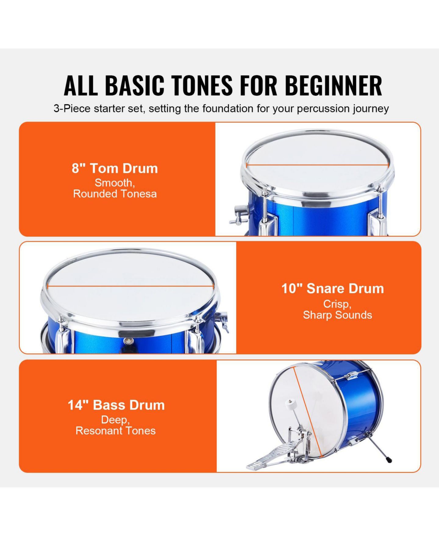 Детские игрушки SUGIFT Kids Beginner 3-Piece Drum Set, Ages 6-13, цвет: Синий — фото 9