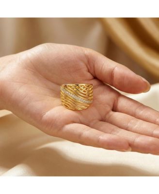 Chic 14K Gold Plated CZ Path Criss-Cross Wide Band Ring