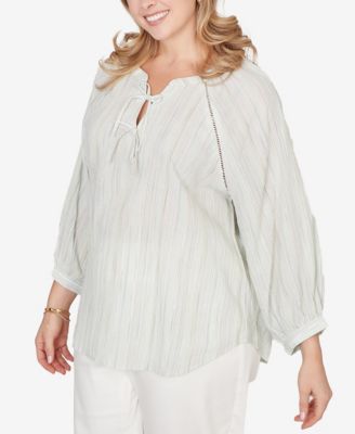 Plus Size Crinkle Stripe Tie Front Peasant Top