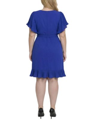 Plus Size-Short-Sleeve Pleated Ruffle Dress