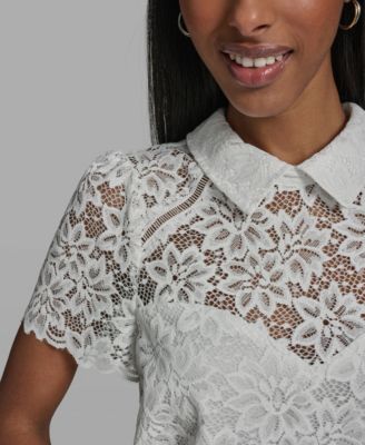Women's Short-Sleeve Floral Lace Woven Blouse