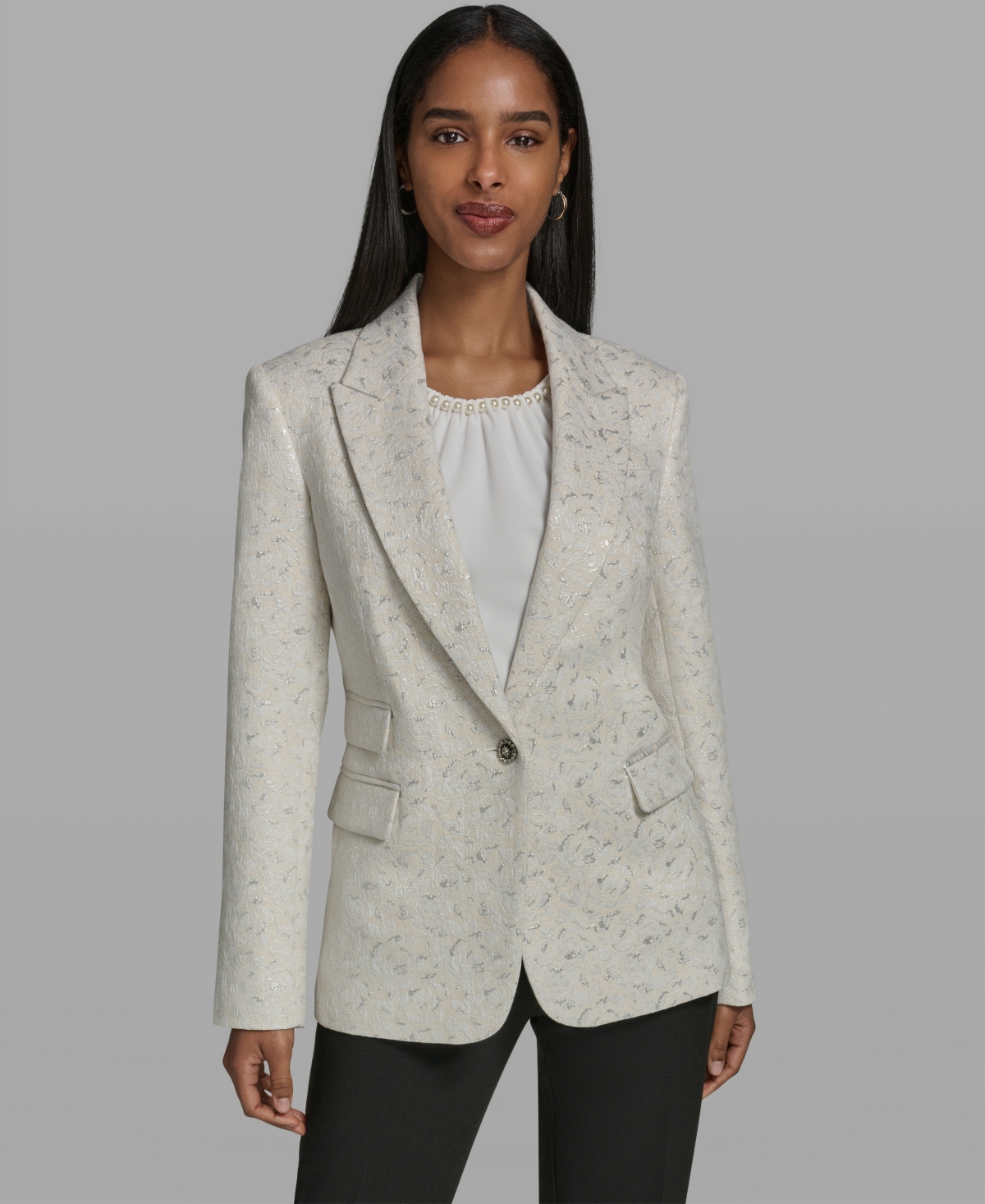 Karl Lagerfeld Paris Women's Button-Front Collared Woven Jacket