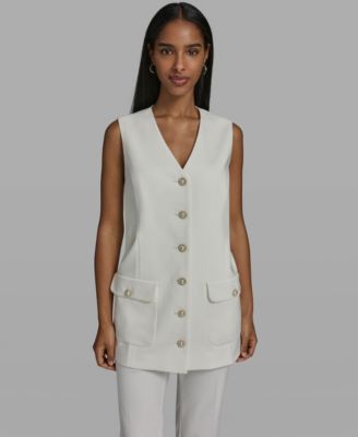 Women's V-Neck Woven Vest with Embellished Buttons
