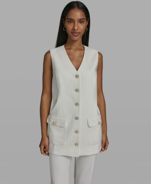 Женские жилеты KARL LAGERFELD PARIS Women's V-Neck Woven Vest with Embellished Buttons