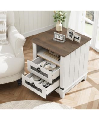Industrial Farmhouse End Table with Charging Station, 2 Drawer Bedside Nightstand with Open Cubby