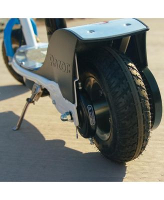 E300S Seated Electric Scooter for Kids, Pneumatic Tires, Seat, White/Blue