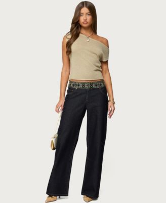 Women's Carlie Embroidered Low Rise Wide Leg Jeans
