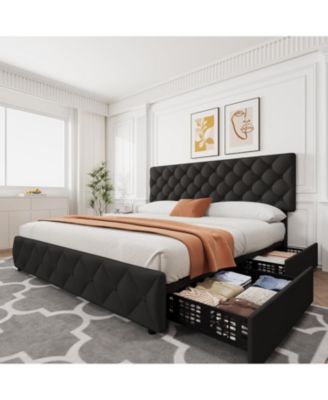 King Size Bed Frame with 4 Storage Drawers, Linen Upholstered Platform Bed Frame with Adjustable Headboard