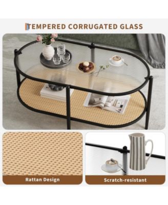 2-Tier Rattan Coffee Table, Boho Oval Coffe Table with Tempered Glass Top, Farmhouse Water-Wave Glass Metal Tea Center Tables Storage Shelf