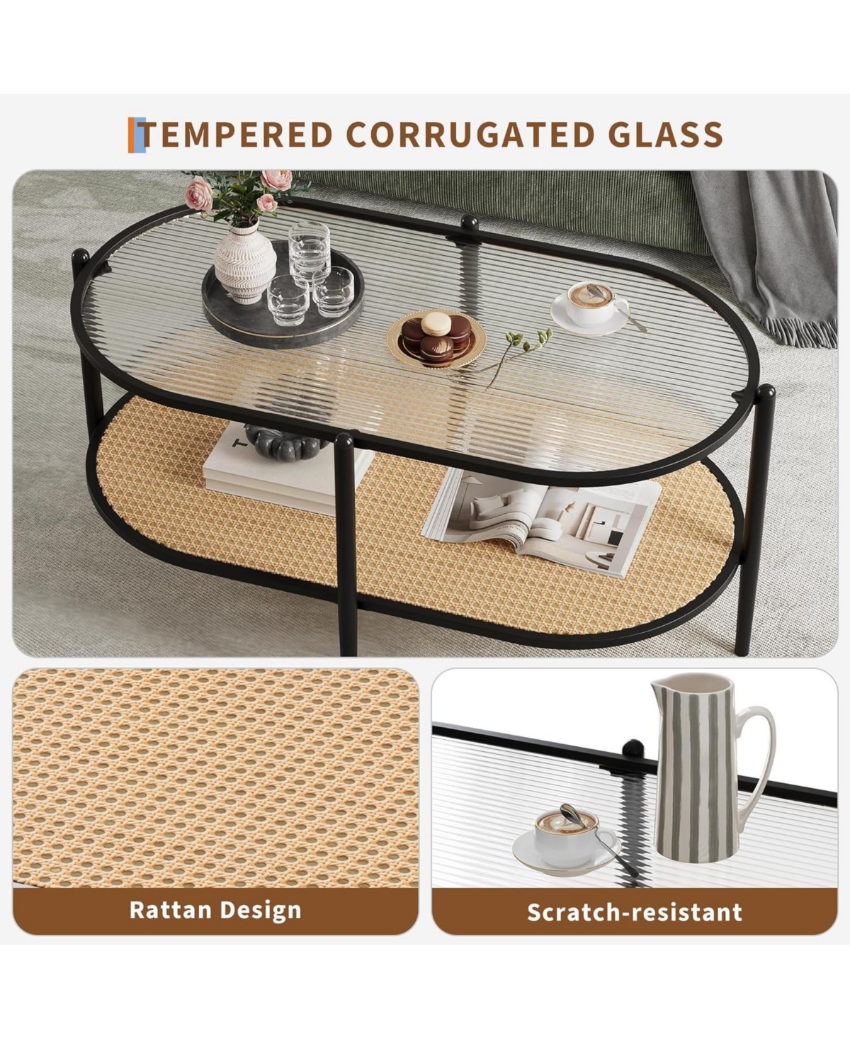 gaomon 2-Tier Rattan Coffee Table, Boho Oval Coffe Table with Tempered Glass Top, Farmhouse Water-Wave Glass Metal Tea Center Tables Storage Shelf