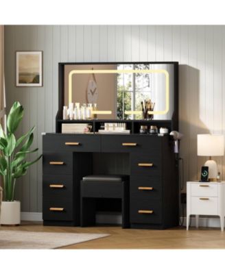 42" LED Makeup Vanity Desk with Large Mirror, 8 Drawers & Charging Station, Modern Dressing Table with Glass Top, Storage Stool