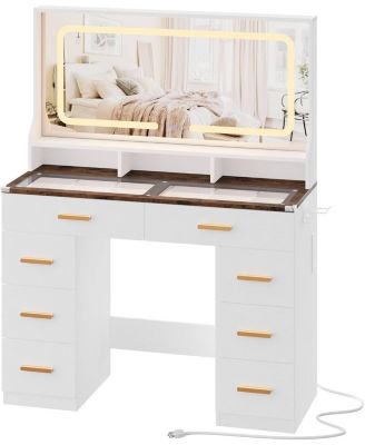 42" LED Makeup Vanity Desk with Large Mirror, 8 Drawers & Charging Station, Modern Dressing Table with Glass Top, Storage Stool