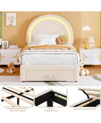 Twin LED Bed Frame with Storage Drawer, Rainbow Headboard, Fleece Princess Platform for Kids, Wood Slats, No Box Spring