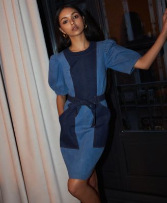 Women's Two-Tone Tie Waist Crew neck Dress