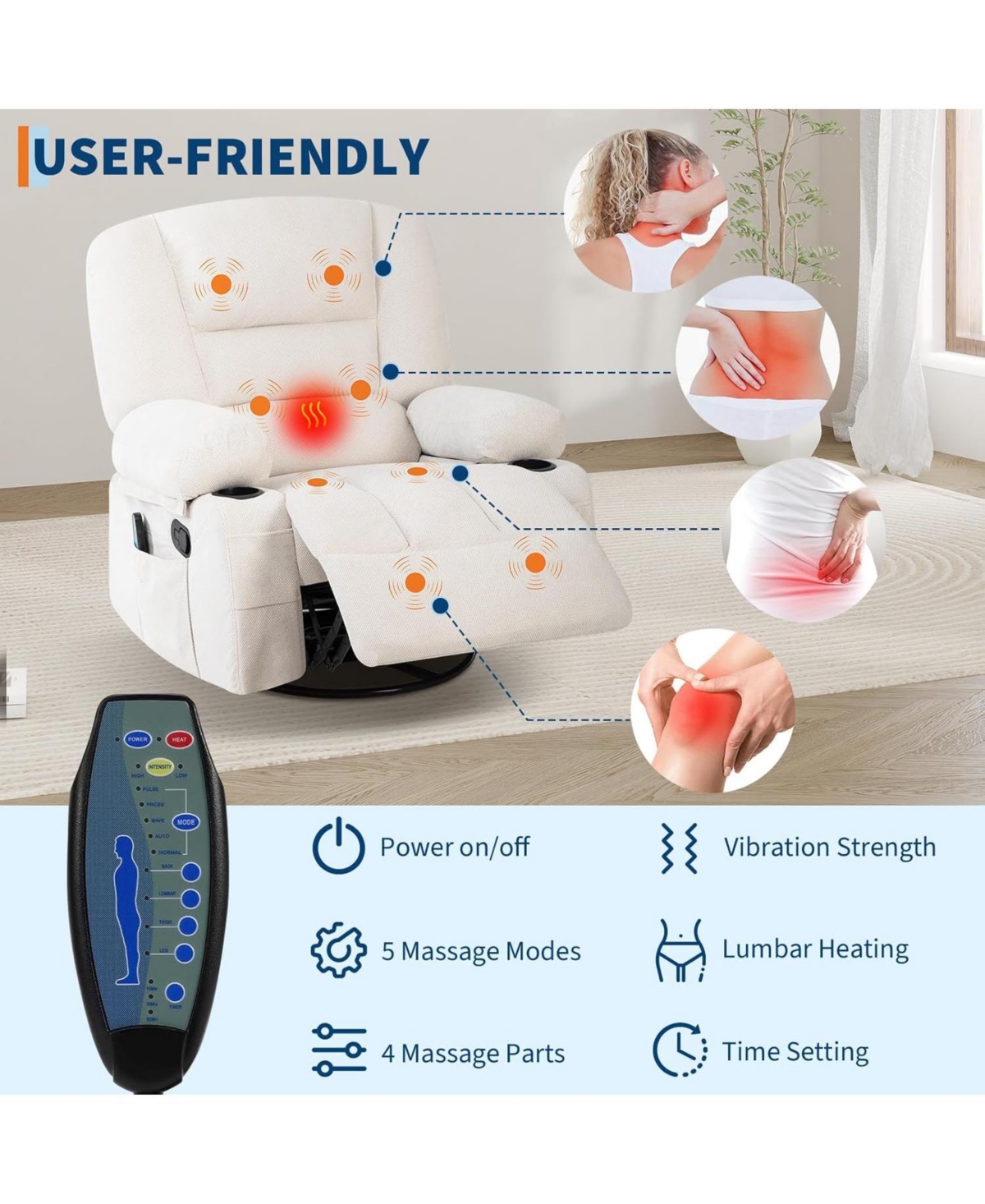 Gaomon Massage Rocking Recliner Chair with Vibration and Heat, 360° Swivel Chenille Rocker Chairs for Living Room