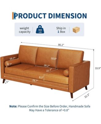 86" Leather Sofa for Living Room, Mid-Century Modern Couch with Deep Seats, Brown Faux , 3 Seat Sofa with Removable Cover for Apartment