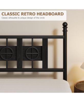 queen size metal bed frame with headboard and footboard, vintage circular design and underbed storage space