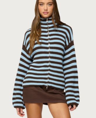 Women's High Neck Striped Zip Up Sweater