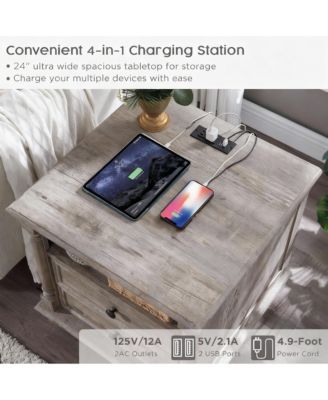 24" Rustic Square Nightstand with Charging Station for Bedroom/Living Room