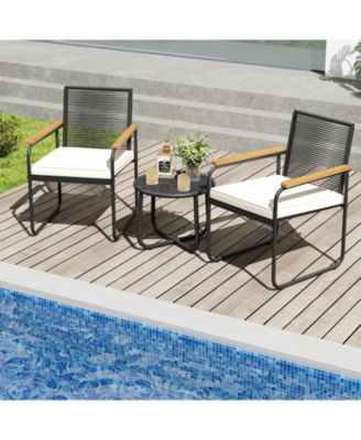 3 Pieces Patio Furniture Set PE Wicker Chairs & Side Table w/Armrests Padded Cushions