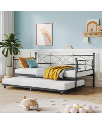 Twin Daybed with Trundle, Metal Daybed and Trundle Set, Sofa Bed Frame with Steel Slat Support, Multifunctional Daybed for Bedroom, Living Room