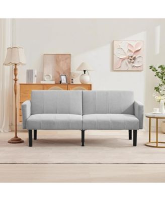 75.5” Convertible Futon Sofa Bed, Linen Flannel Small Couch Sofa with Wood Legs & 700lbs Capacity, Adjustable Folding Loveseat