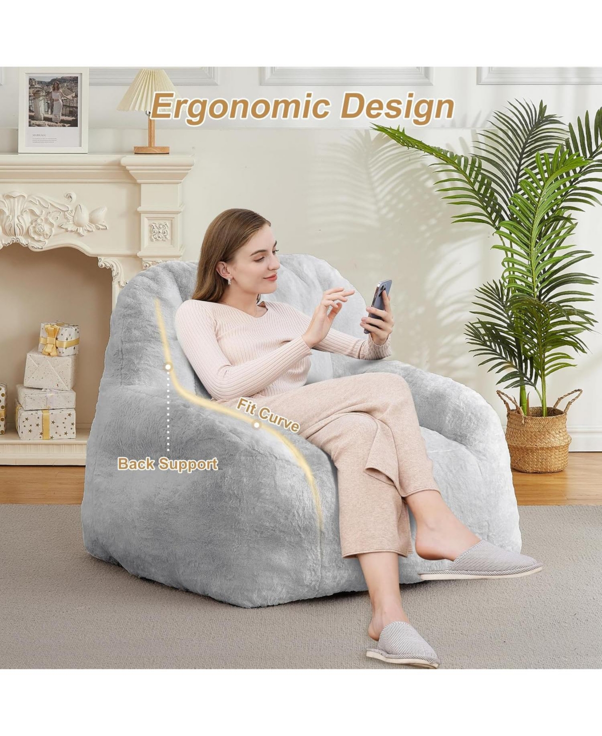 gaomon Giant Bean Bag Chair, Faux Fur Stuffed Bean Bag Couch with Filler, Bean Bag Chair for Adults, Big Lazy Sofa Floor Sofa with Handle