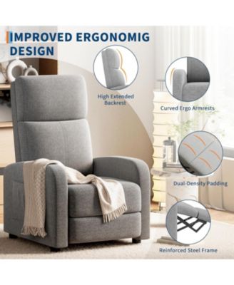 linen fabric manual recliner chair with side pocket, high backrest, thick cushion and adjustable push back lounge design