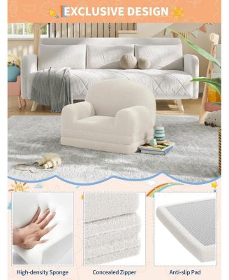Kids Couch, 2 in 1 Convertible Teddy Fleece Toddler Sofa Chair, Soft Fold Out Lounger & Comfy Children s Sofa Bed for Playroom