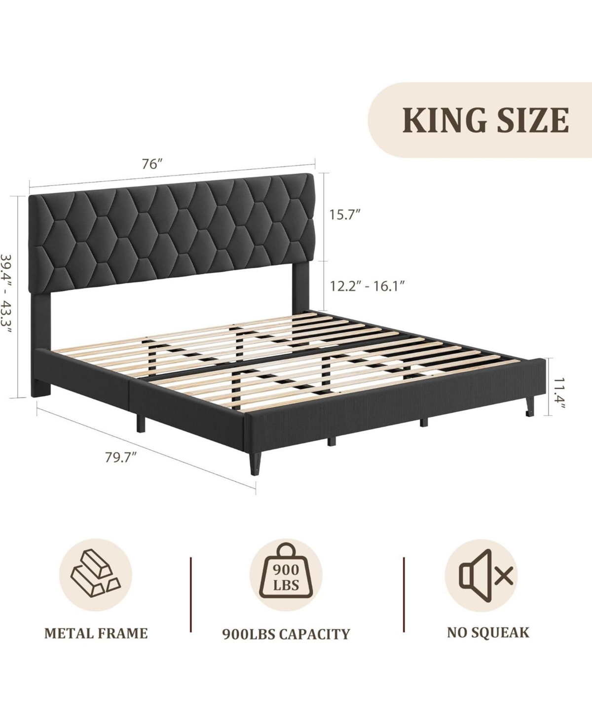 gaomon Upholstered Bed Frame with Headboard, Heavy-Duty Platform Bed Frame with Strong Wood Slats