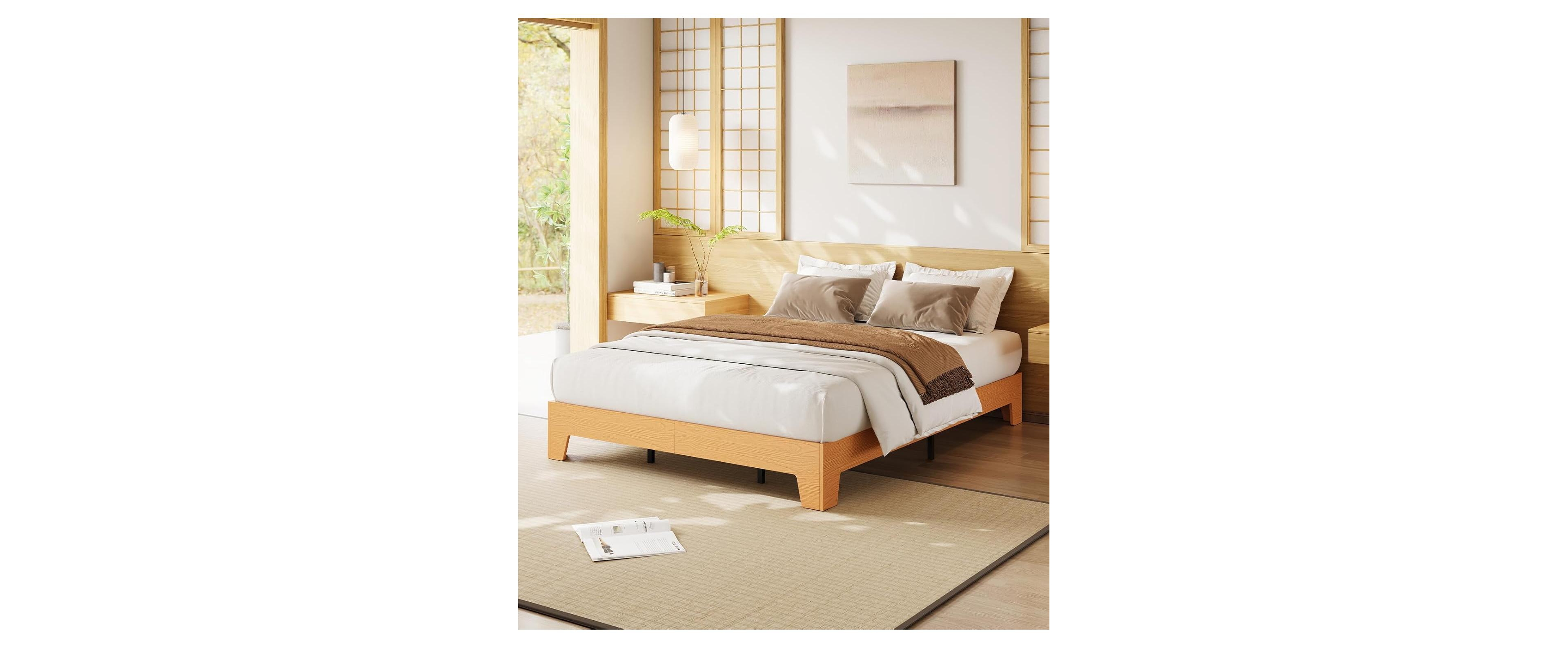 gaomon Wood Bed Frame,Platform Nature Bed with Strong Wooden Slats,No Box Spring Needed,Minimalist Bedroom Furniture,Easy Assembly