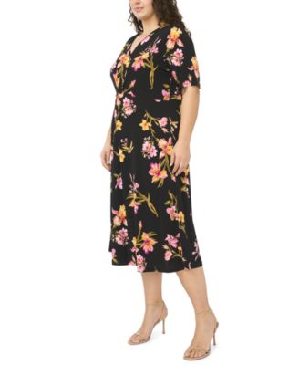 Plus Size V-Neck Printed Midi Dress