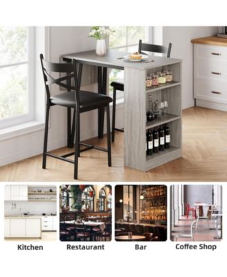 Bar Table Set of 2 with Storage Shelves, Extendable Dining Table with 2 Cushioned Chairs, 3 Piece Counter Height Set for Kitchen