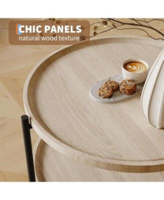 Round Coffee Table for Living Room, Rustic Wood Desktop Center Table with Sturdy Metal Legs, 2-Tier Circle Coffee Table with Storage Shelf