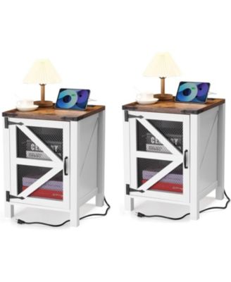 18" Farmhouse Nightstand with USB Station, Rustic Bedside Table with Barn Door and Storage Shelf for Bedroom, Industrial End Table for Living
