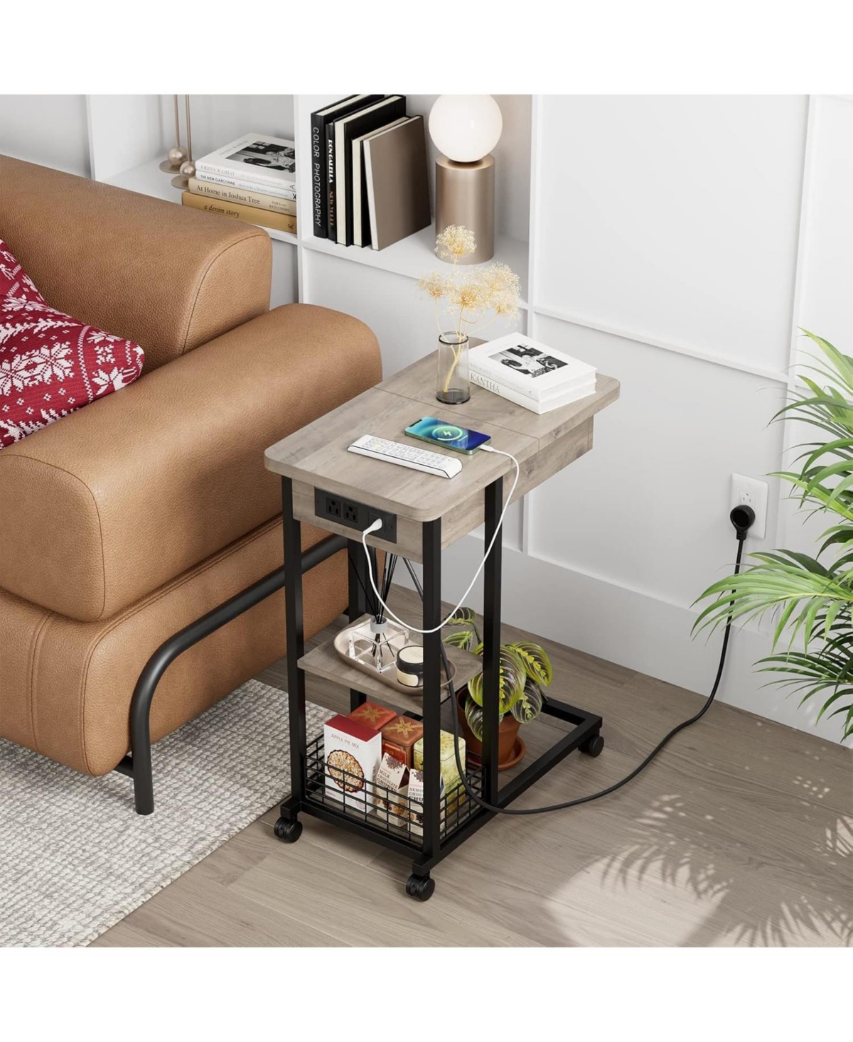 gaomon C Shaped Side Table with Charging Station, Flip Top End Table with Usb Ports and Outlets, Narrow Side Table with 3 Tier Storage Shelf, C Table