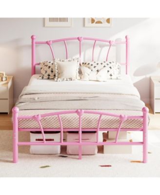 Full Kids Bed Frame with Headboard & Footboard, Heart-Shaped Metal Platform Bed, Strong Steel Slats, Noise-Free, No Box Spring