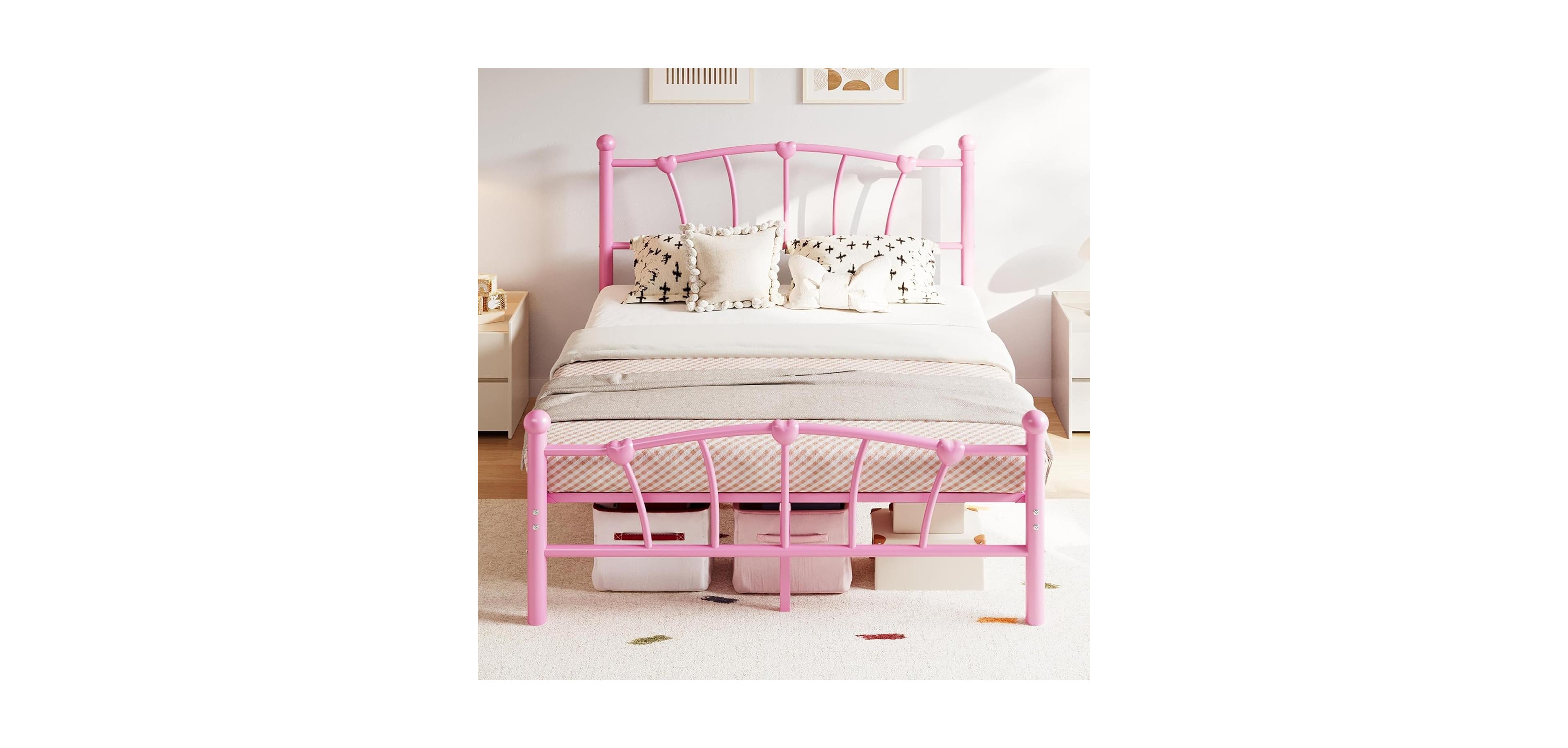gaomon Full Kids Bed Frame with Headboard & Footboard, Heart-Shaped Metal Platform Bed, Strong Steel Slats, Noise-Free, No Box Spring